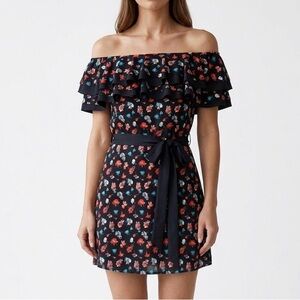 DKNY flower print ruffle dress strapless belt blue red summer picnic school